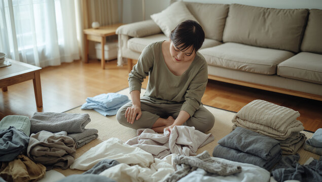 室内で日本人女性が洗濯物を畳みながら肩を押さえる写真