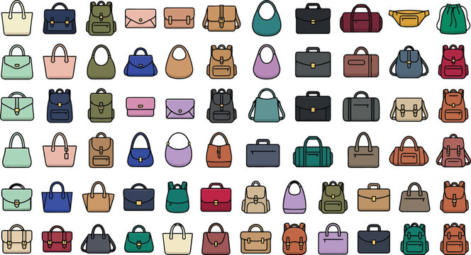Set of various handbags and backpacks icons in flat vector style for fashion and retail design projects