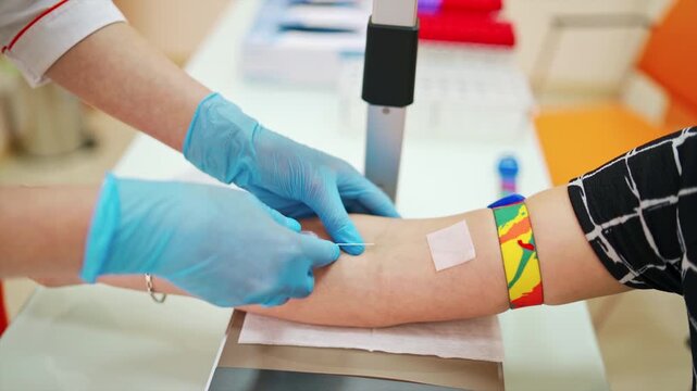 Healthcare professional collecting a blood sample from a patient's arm using a vacuum blood collection tube during a clinical procedure.