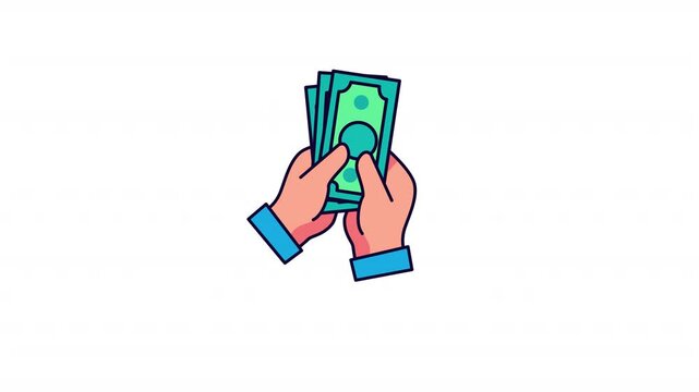 Animated hand counting cash with transparent background, flat vector style