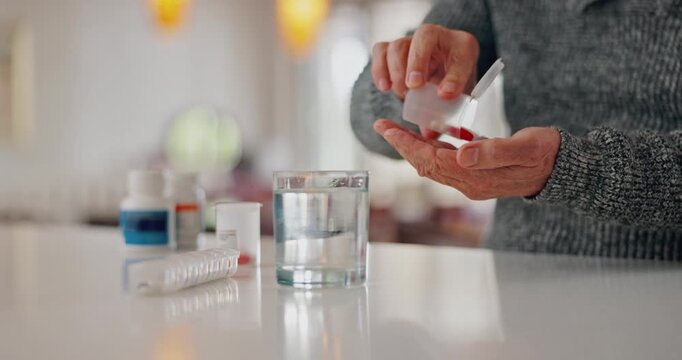 Senior person taking daily medicine routine, chronic disease management, healthcare, elderly wellness, prescription treatment, and medication adherence.