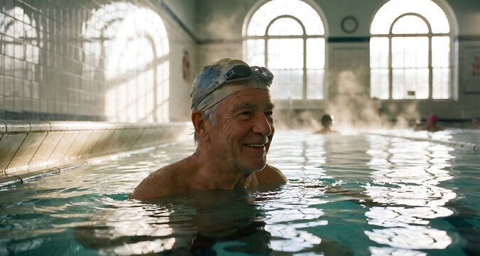 Smiling senior man swimming in an indoor pool wearing a swim cap and goggles