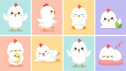 Obraz premium Six cute cartoon chicks or baby chicks with different colorful patterns and poses Vector