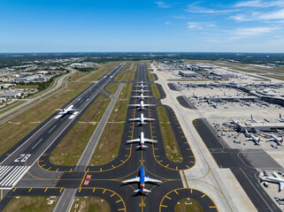 Aerial view of multiple airplanes parked on snowy airport runways and taxiways in winter © sultana