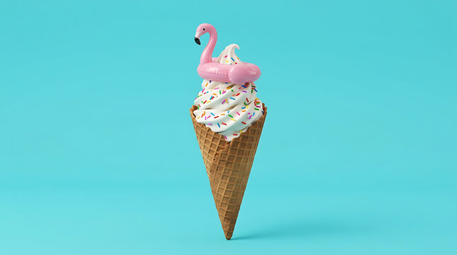 Delicious waffle cone with ice cream, sprinkles, and a pink flamingo pool floaty topper