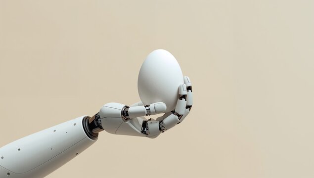 Robotic hand gently holding a white egg against a soft beige background, showcasing advanced technology and precision in design and engineering