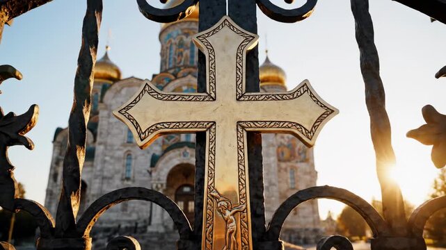 A close-up of an ornate black wrought-iron fence with a large gold cross in front of a blurred background of a church with golden domes at sunset