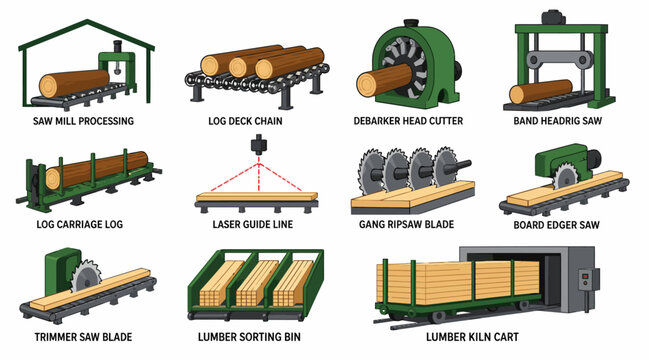 Illustrated collection of lumber mill machinery and equipment.
