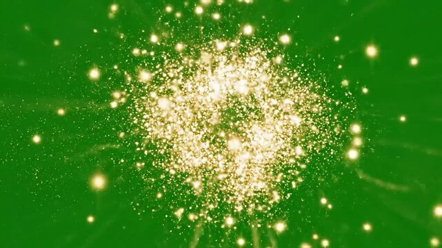 Magical golden particles explode outwards on a vibrant green background, creating a sense of wonder and energy.