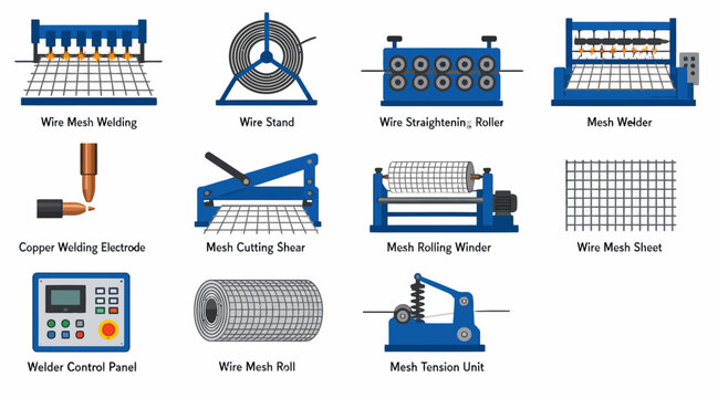 Collection of industrial wire mesh and welding machines.