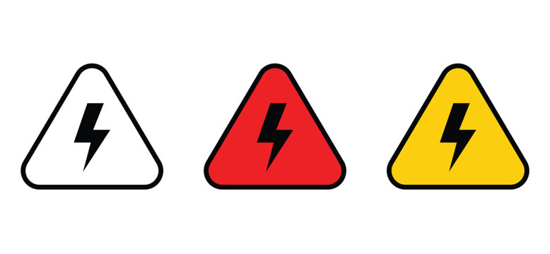 Electric Shock Warning Triangle Icon Set Outline Red Yellow Flat Vector Safety Sign
