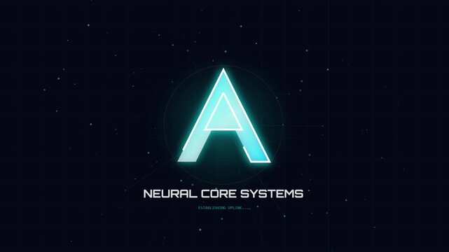Futuristic digital animation of a glowing letter A logo on a grid background
