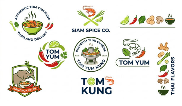 Tom Yum Kung Ingredients Vector Logo EPS 10 Thai Food Illustration Isolated on White Background
