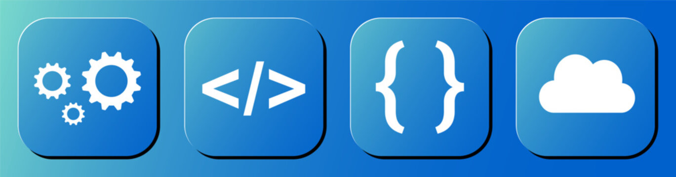 Set of Four Blue Rounded Square Icons Representing Software Development and Cloud Computing Concepts