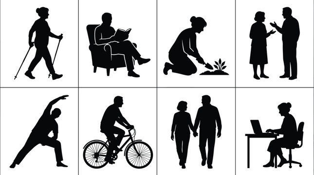 Black Silhouette Collection of People Engaged in Daily Activities Including Exercise, Reading, Gardening, Cycling, and Work