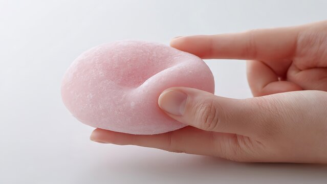 Close up of hand squeezing a soft pink Japanese mochi dessert