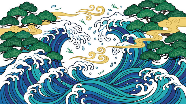Japanese Ocean Wave Collection with Pine Trees Traditional Seascape Golden Clouds and Ukiyo E Style Vector Illustration Set