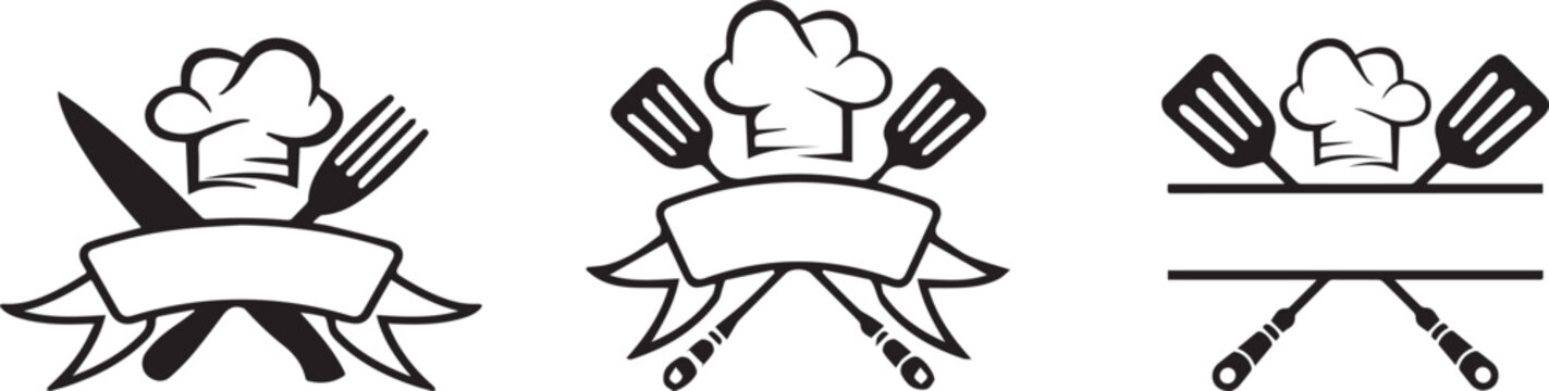 Chef hat and crossed kitchen utensils logo set, black and white restaurant emblems with ribbons, culinary vector icons for cafe branding