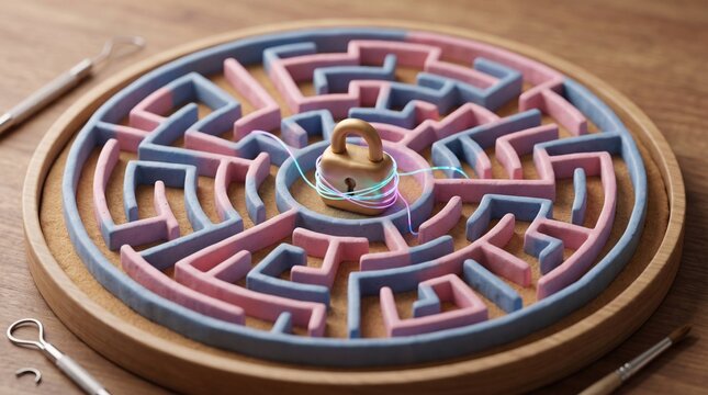 3D clay diorama of a golden padlock in a colorful clay maze representing quantum cryptography and secure computing