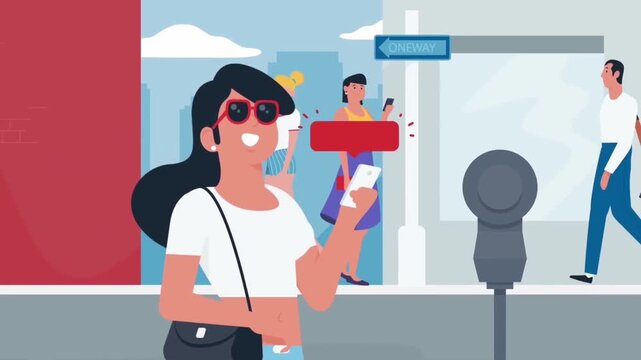 Animated Girl Walking in Busy City Downtown with Headphones, 2D Urban Citizen Character Lifestyle Summer Pedestrian Scene
