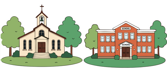 Naklejka premium Church and School Building Landscape Flat Vector Illustration