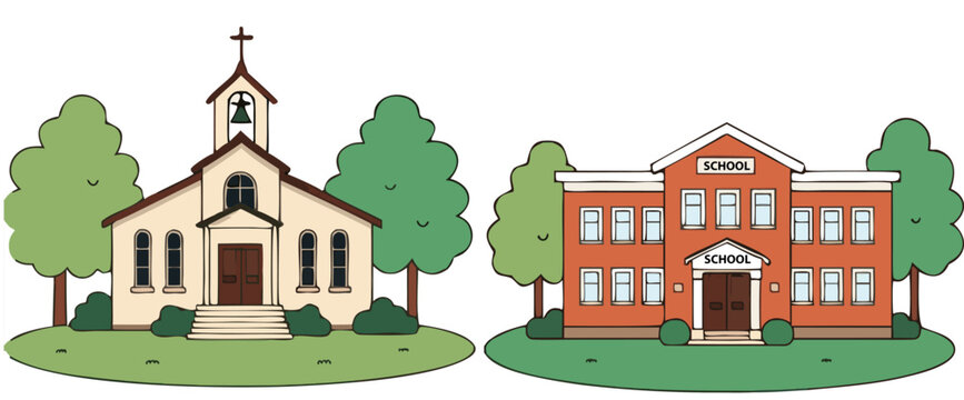 Church and School Building Landscape Flat Vector Illustration