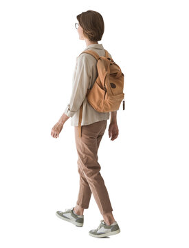 Full length portrait of a young woman walking isolated transparent PNG, student girl full body photo PNG with transparent background precisely cut out with clipping path.