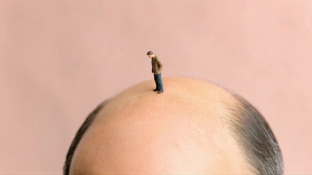 Miniature man standing on a balding head, symbolizing personal struggles and growth, representing introspection and the journey of self-discovery
