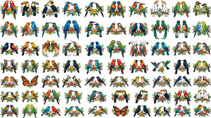 Tropical Birds and Butterflies Mega Set with Pairs of Colorful Exotic Wildlife Icons Isolated on White Background © Putul