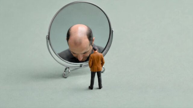 Miniature bald man looking into a mirror reflecting a bald man's head