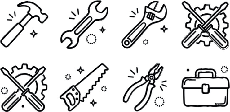 Hardware repair tools outline icons vector set with hammer wrench screwdriver gear saw pliers and toolbox for construction service website design