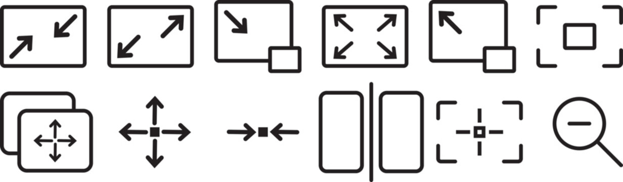 Screen line icon set. Resize, zoom, fullscreen, capture, select area, scalable minimal vector illustrations.Maximize and minimize arrow line icon set with fullscreen resize and screen controls