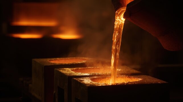 Molten aluminum flowing from a crucible into casting molds in an industrial foundry process
