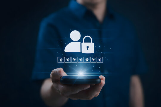 Password protection and user authentication concept. Hand holding smart phone with secure login password and padlock icon, representing cybersecurity, identity access management and data privacy.
