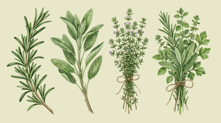 Culinary herbs including rosemary, sage, thyme and oregano, hand painted watercolor botanical illustration for cooking themes © Rahmat