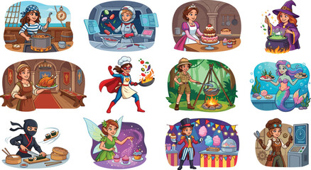 Female chef fantasy characters vector illustration set featuring astronaut witch medieval princess superhero mermaid ninja and fairy cooking themes © MDNazmul