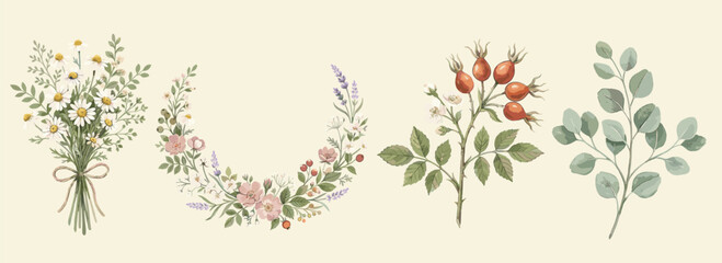 Set of wildflower bouquet, floral wreath, rose hips and eucalyptus branch, hand painted watercolor botanical collection © Rahmat