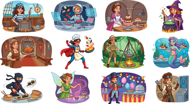 Female chef fantasy characters vector illustration set featuring astronaut witch medieval princess superhero mermaid ninja and fairy cooking themes