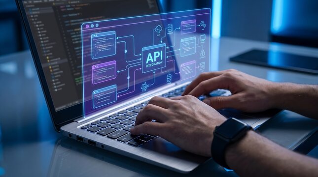 Cloud Software API Integration Cross Platform DevOps Architecture Diagram with System Developer Coding under Floating Connected Network Nodes