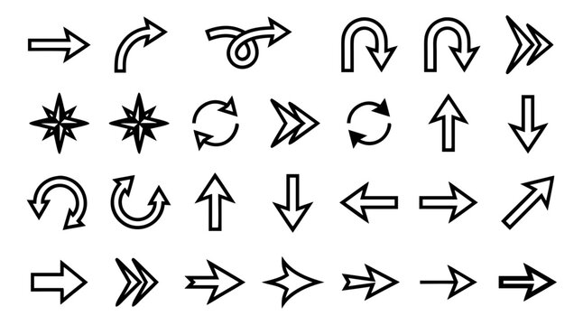 Arrow Icons Set with Black Vector Line Art and Circular Rotation Symbols for Navigation Direction Design