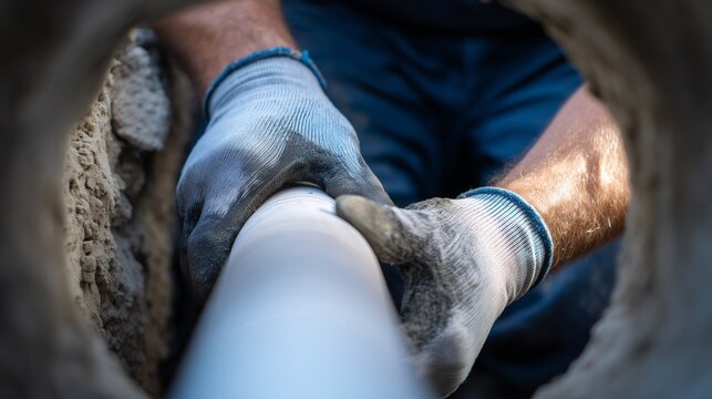 Worker inserting liner into pipe for trenchless pipe lining leak fix, gloved hands, pipe interior, repair tool, confined space.