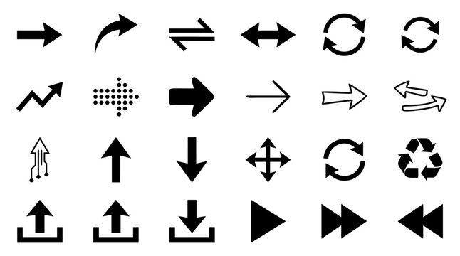 Arrows Set of Vector Icons with Curved, Double, and Dotted Styles for Navigation and Direction Design Elements