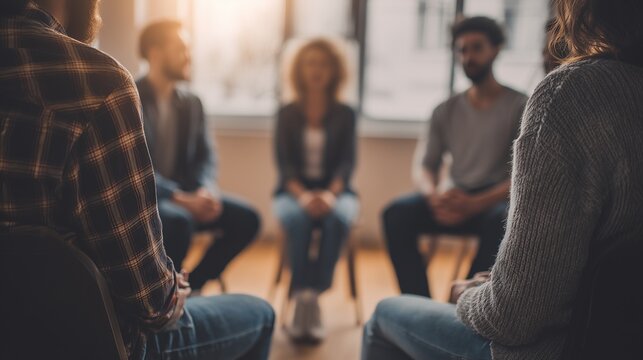 Group therapy circle with seated adult person supporting recovery and empowerment in addiction treatment setting.