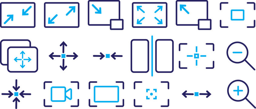 Screen line icon set. Resize, zoom, fullscreen, capture, select area, scalable minimal vector illustrations.Maximize and minimize arrow line icon set with fullscreen resize and screen controls