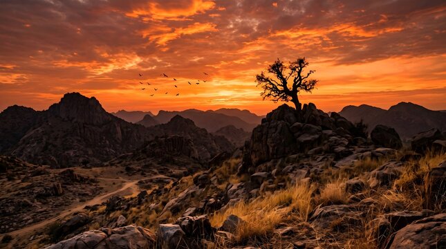 Ancient Aravalli Hills Rocky Landscape Fiery Sunset Rajasthan Silhouette sunset in the mountains