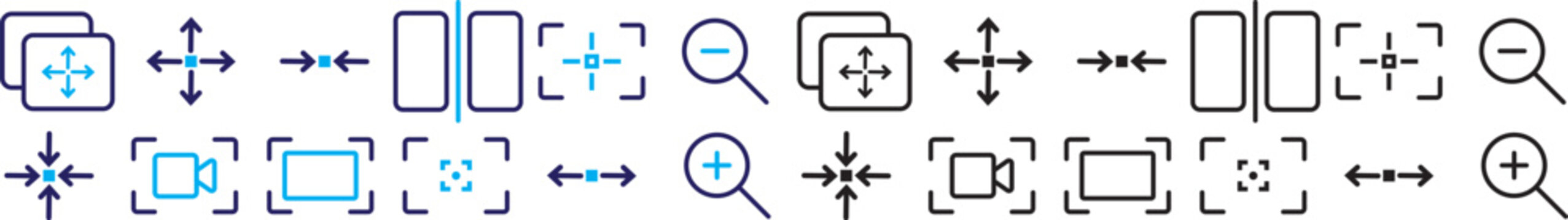 Screen line icon set. Resize, zoom, fullscreen, capture, select area, scalable minimal vector illustrations.Maximize and minimize arrow line icon set with fullscreen resize and screen controls