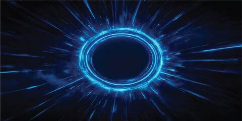 Rectangular neon blue frame glowing in deep space with science fiction space time rectangle background abstract technology futuristic template © Manjur