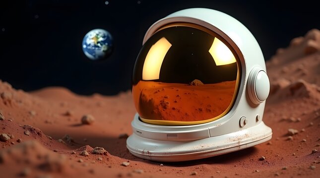 An astronaut helmet sits on the surface of Mars with Earth in the background