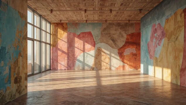 Empty modern industrial loft interior with colorful abstract mural walls and sunlight.