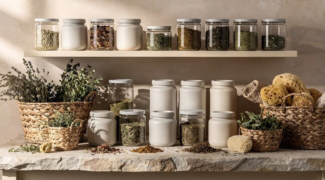 Herbal Apothecary with Dried Herbs and Spices in Jars and Baskets.